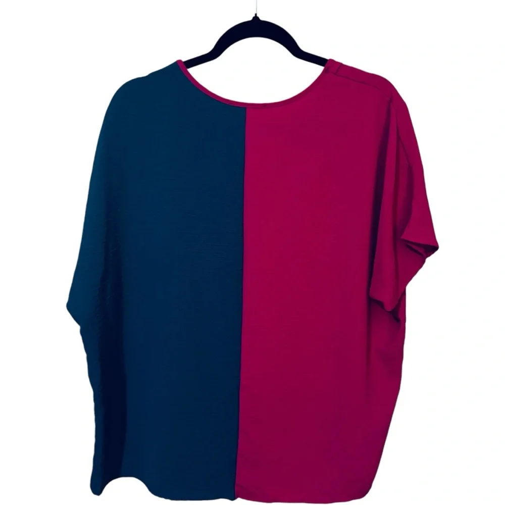 Entro Women's Large Colorblock‎ Boxy Top Shirt Blouse Short Sleeve V Neck